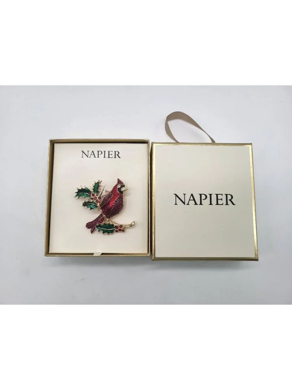 Napier Cardinal Holly Branch Holiday Christmas Rememberance Pin Brooch Red Gold
